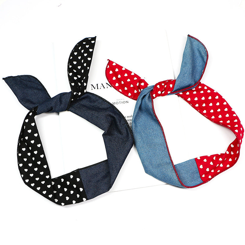 Plain jeans mixed with sweet hearts printed cotton twist hair scarf