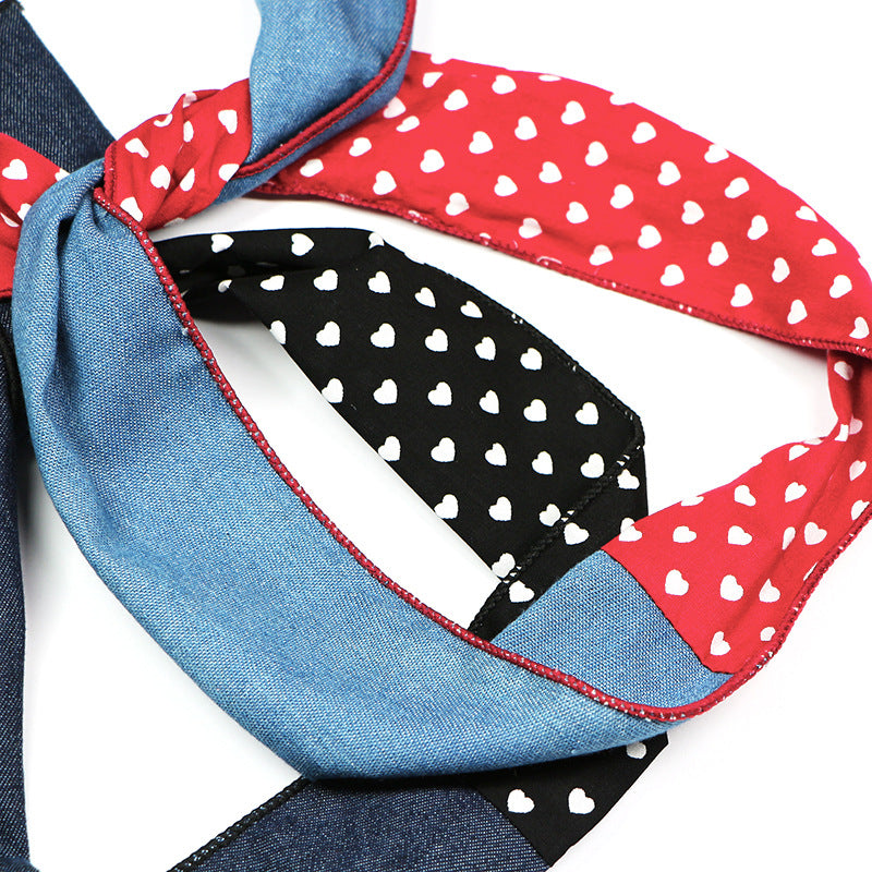 Plain jeans mixed with sweet hearts printed cotton twist hair scarf