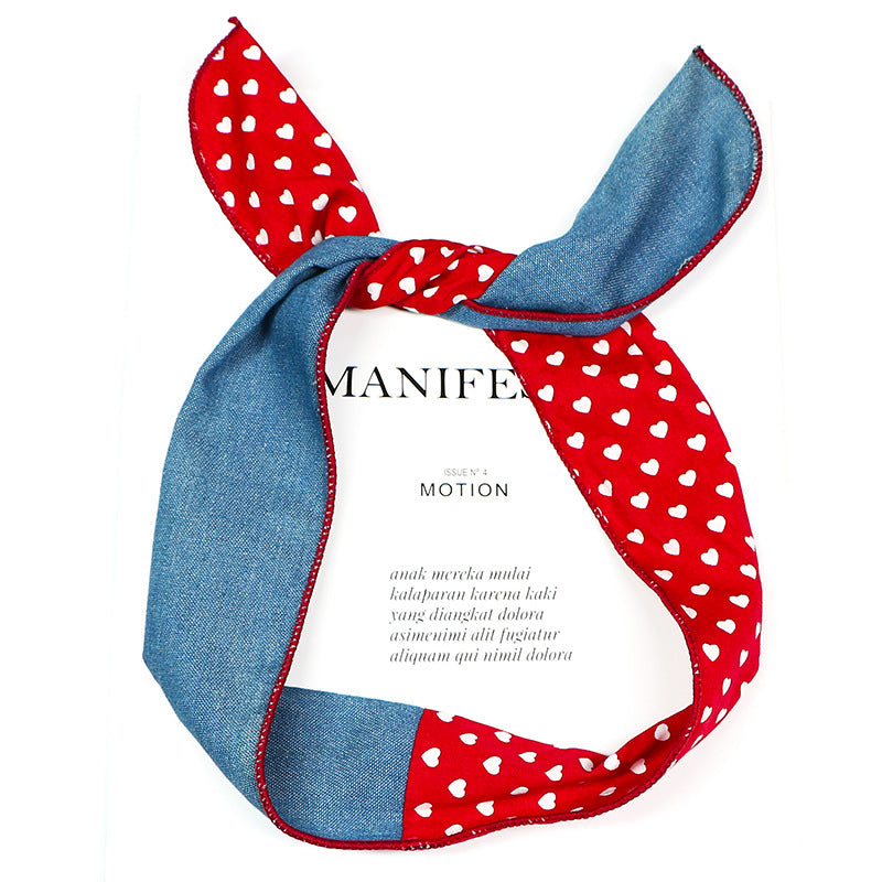 Plain jeans mixed with sweet hearts printed cotton twist hair scarf