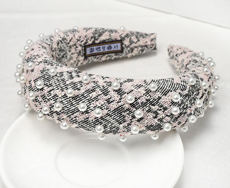 Plaid Tweed padded headband with pearls
