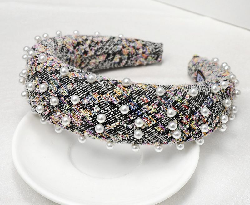 Plaid Tweed padded headband with pearls