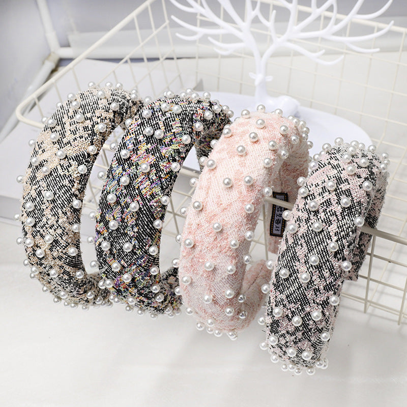 Plaid Tweed padded headband with pearls