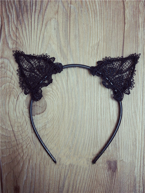 Floral black lace cat ears headband