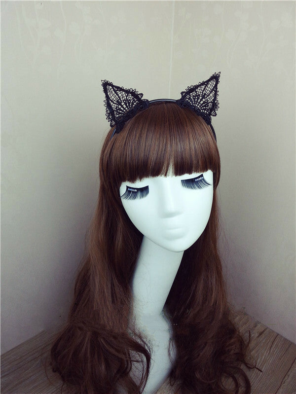 Floral black lace cat ears headband