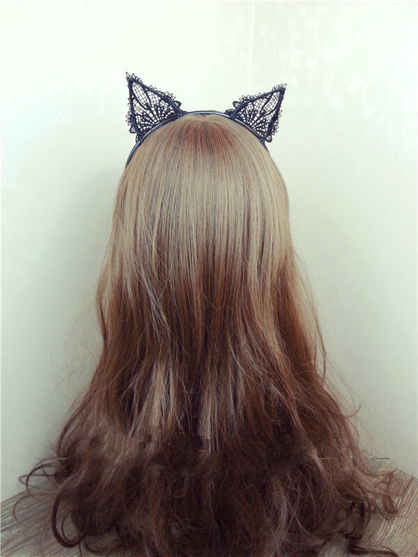 Floral black lace cat ears headband