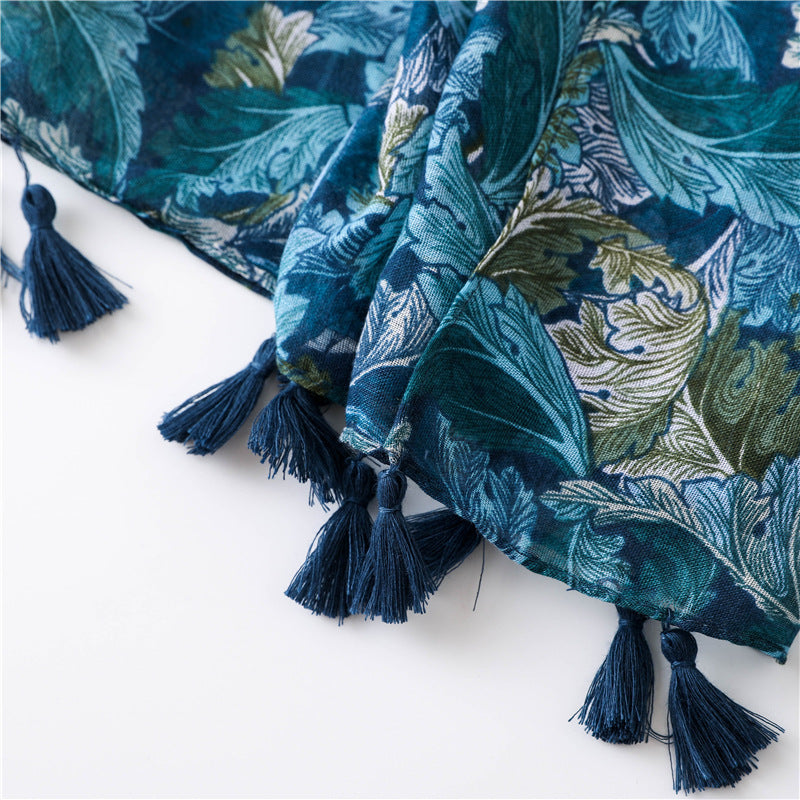 Teal green leaves print scarf with tassels