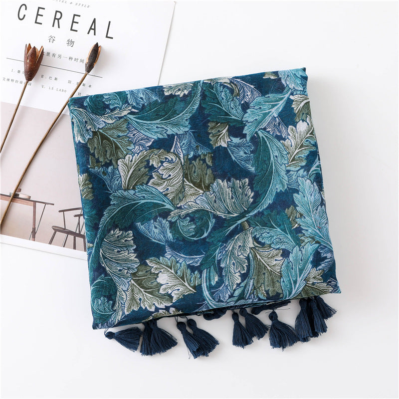 Teal green leaves print scarf with tassels