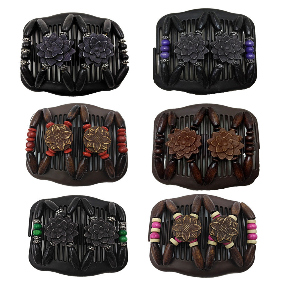Floral wooden beads butterfly hair comb