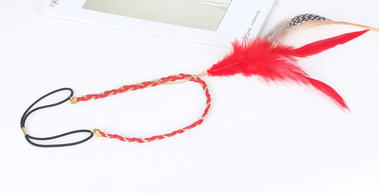 Gold chain red feather elastic headband