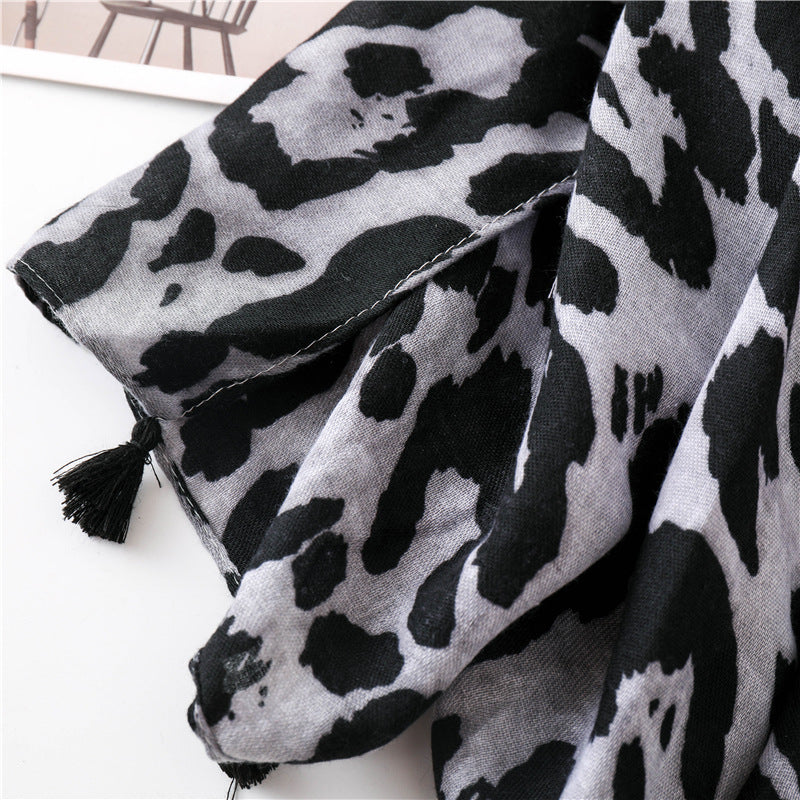 Large leopard print scarf with tassels