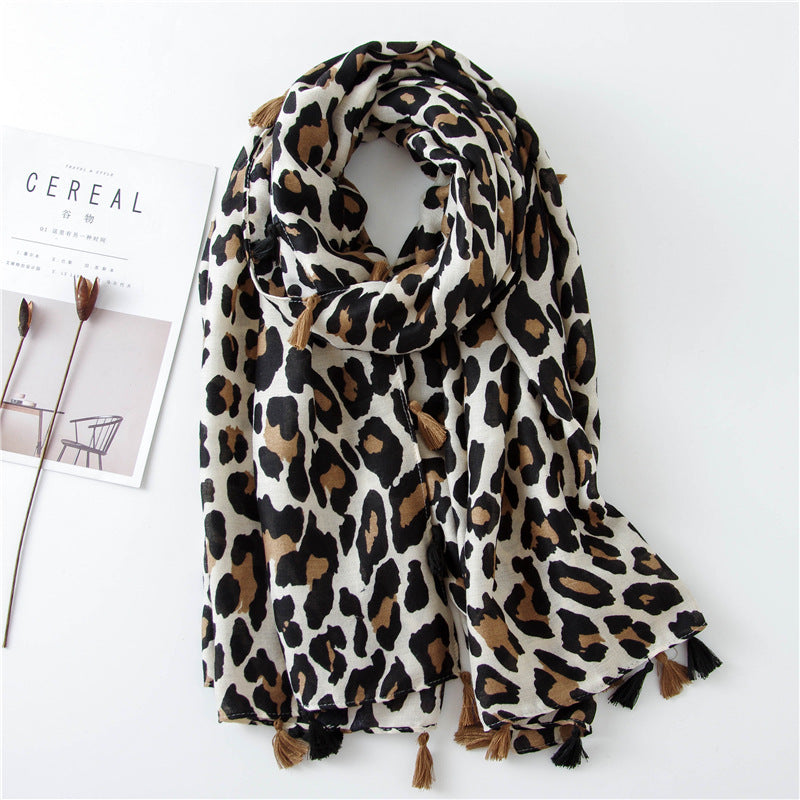 Large leopard print scarf with tassels
