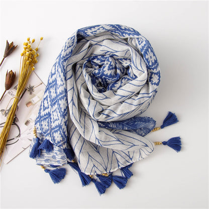 Multipattern blue long scarf with beaded tassels