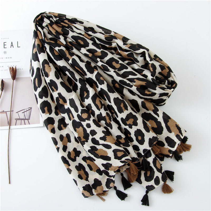 Large leopard print scarf with tassels
