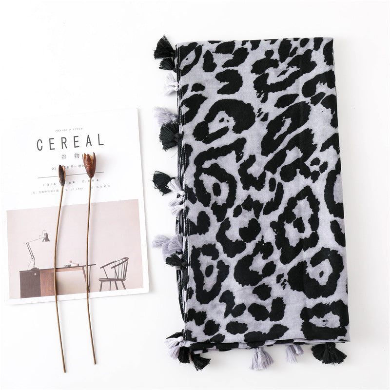 Large leopard print scarf with tassels
