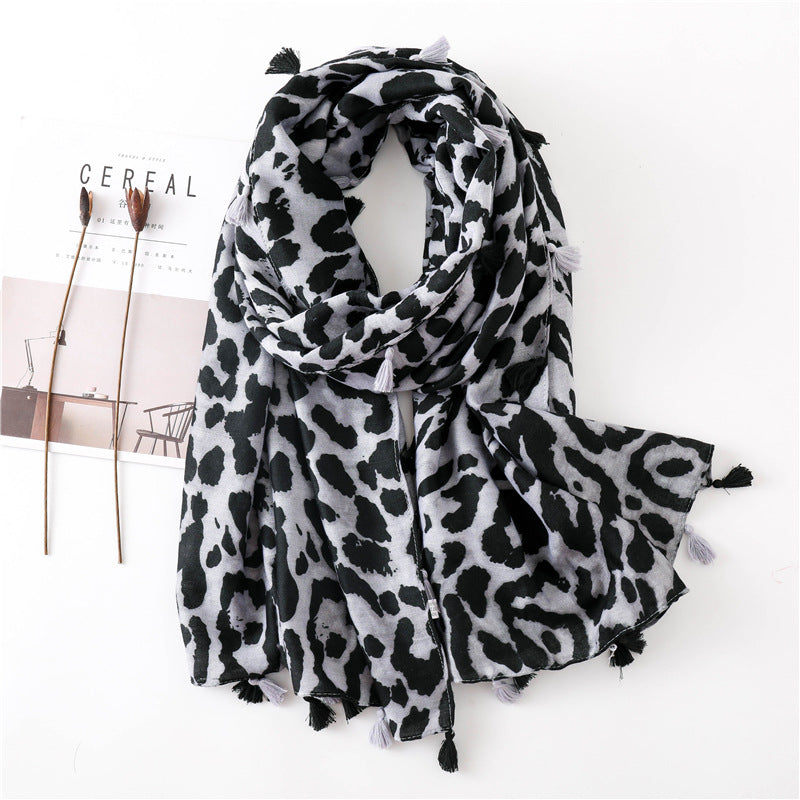 Large leopard print scarf with tassels