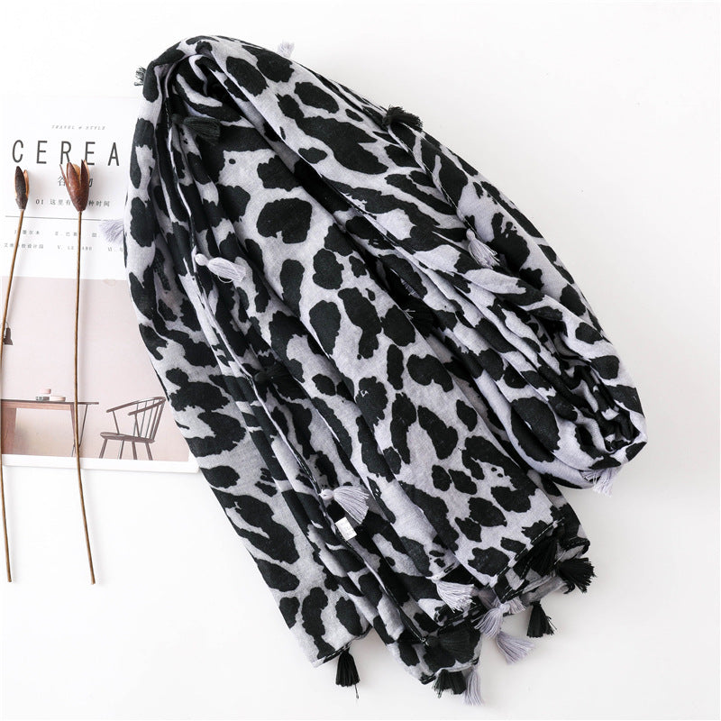 Large leopard print scarf with tassels