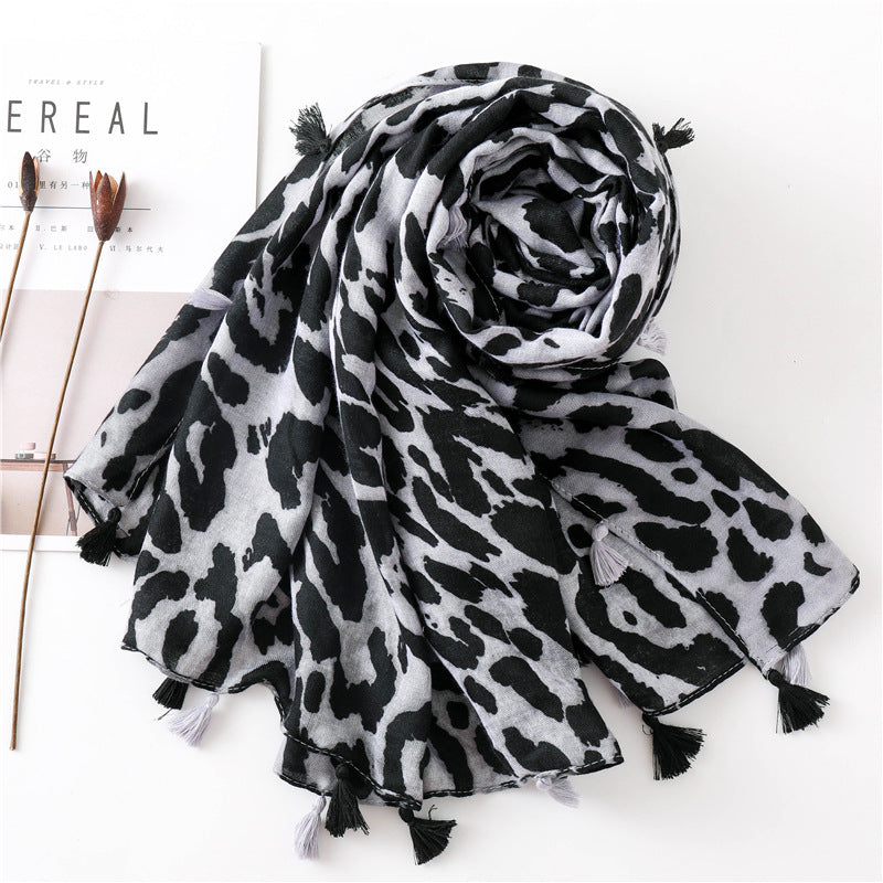 Large leopard print scarf with tassels