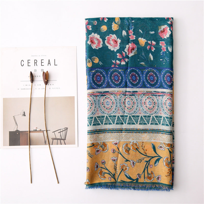 Green yellow floral fringed scarf