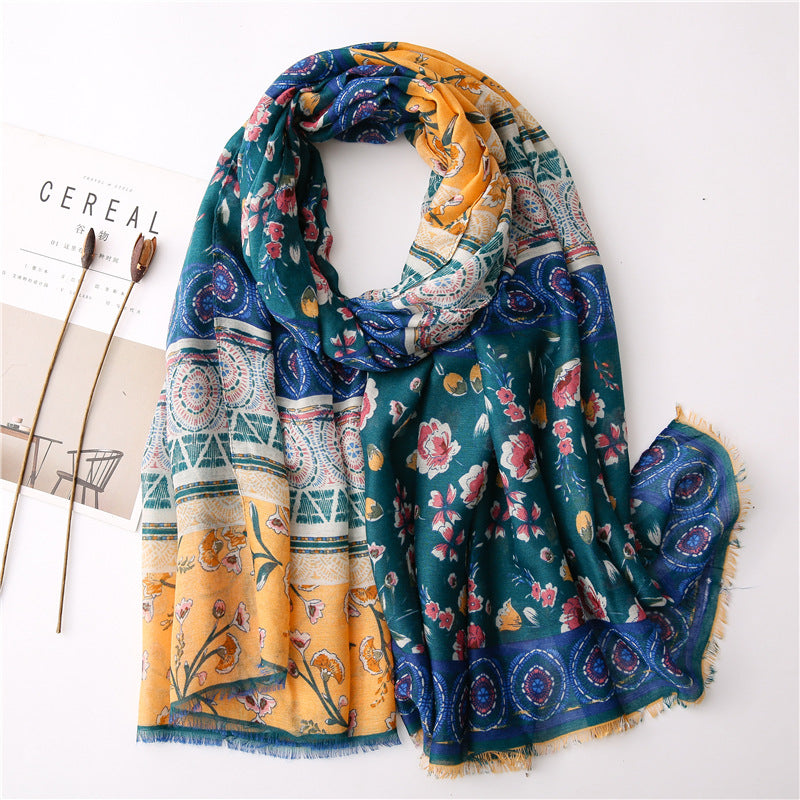 Green yellow floral fringed scarf