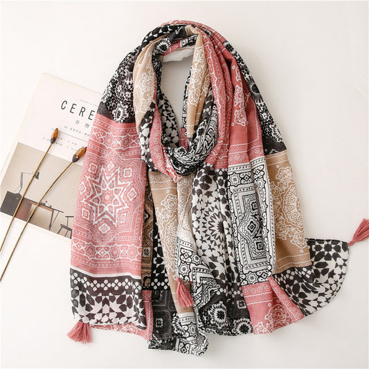 Multipattern pink black long scarf with tassels
