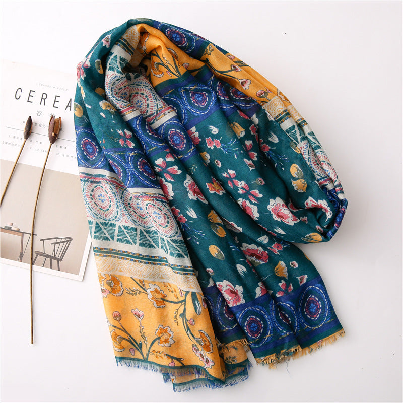 Green yellow floral fringed scarf