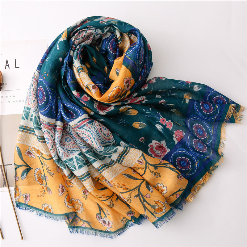 Green yellow floral fringed scarf