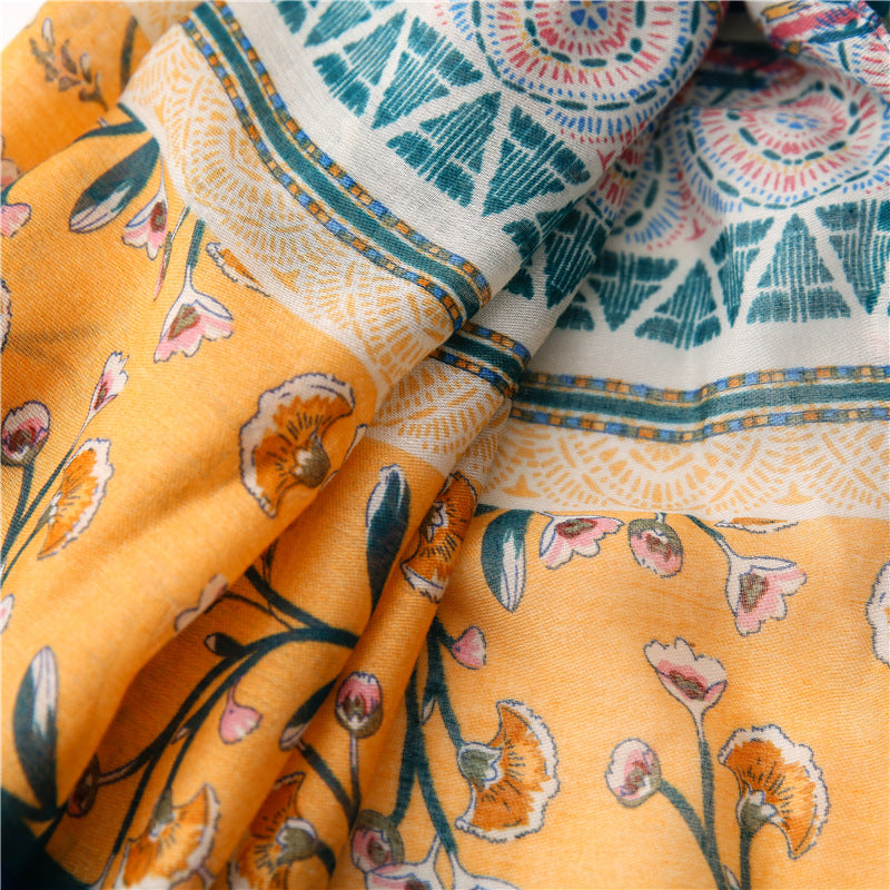 Green yellow floral fringed scarf