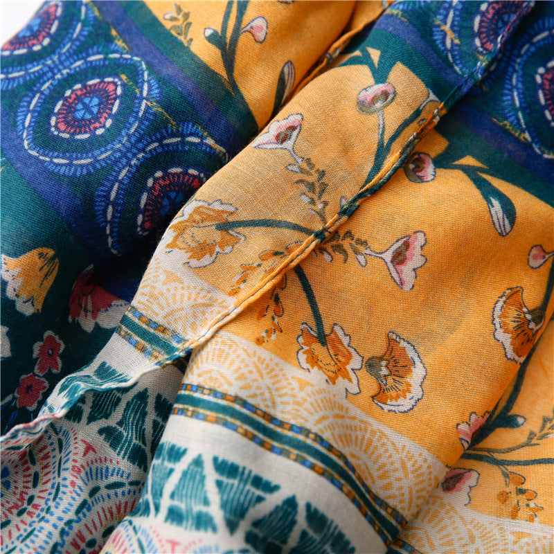 Green yellow floral fringed scarf