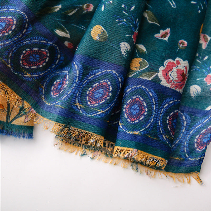 Green yellow floral fringed scarf