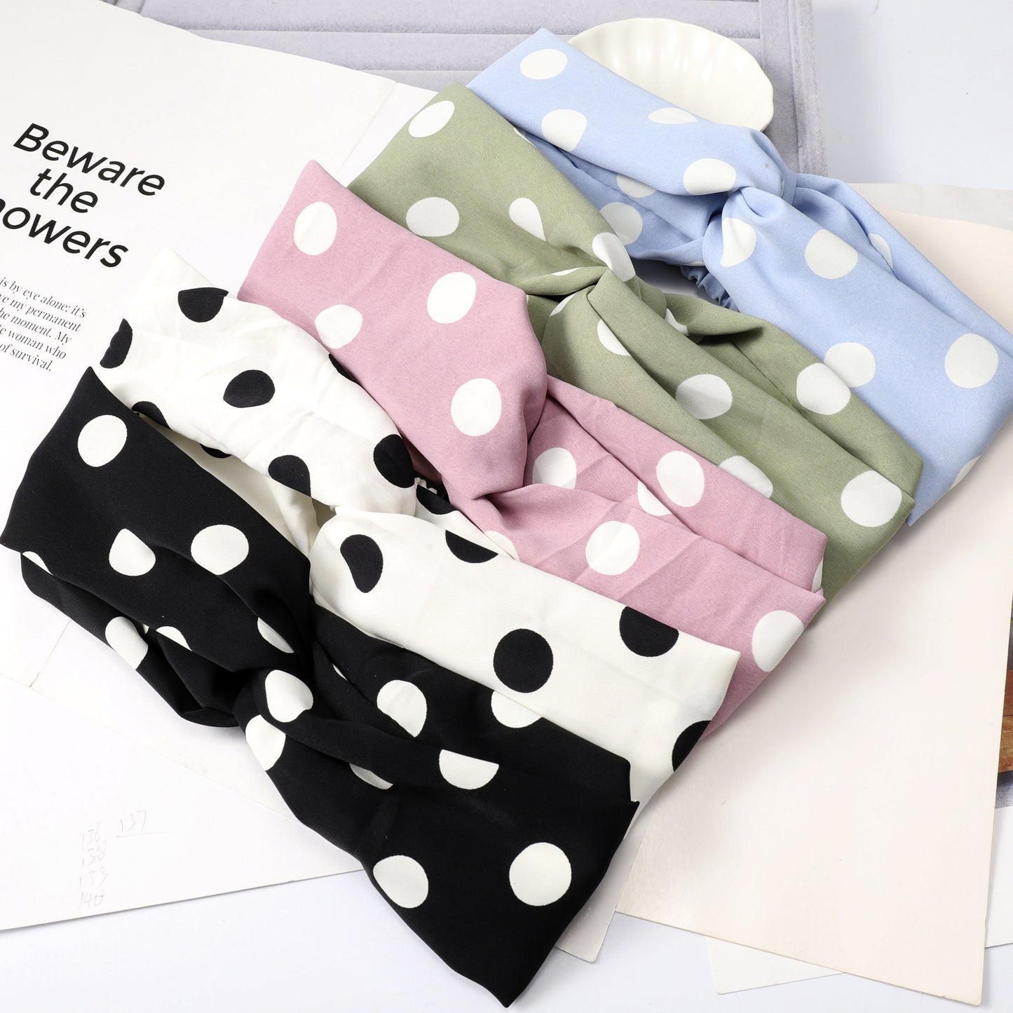 Polka dots soft chiffon twist front elastic headband