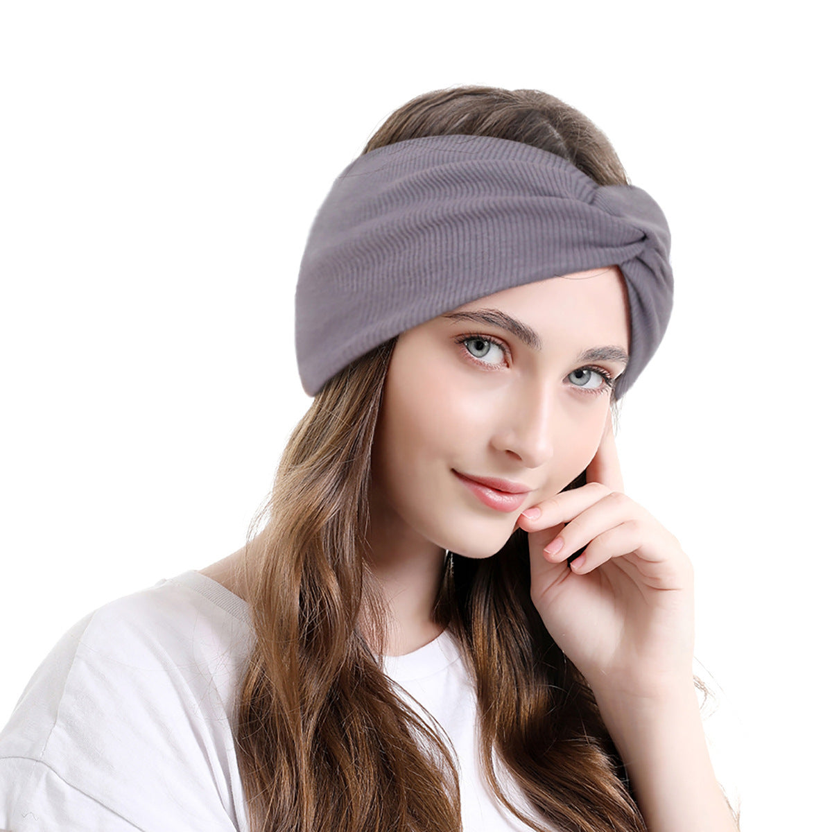 Twist front ribbed fabric stretch headband