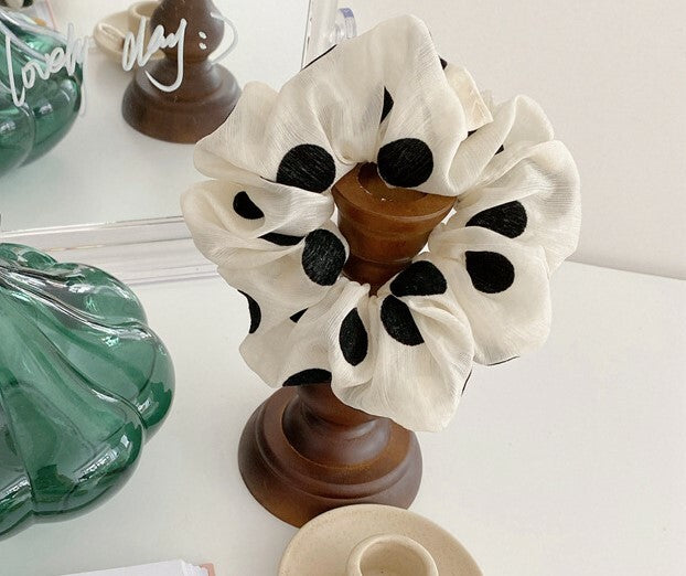 Black velvet dotted ivory organza scrunchies