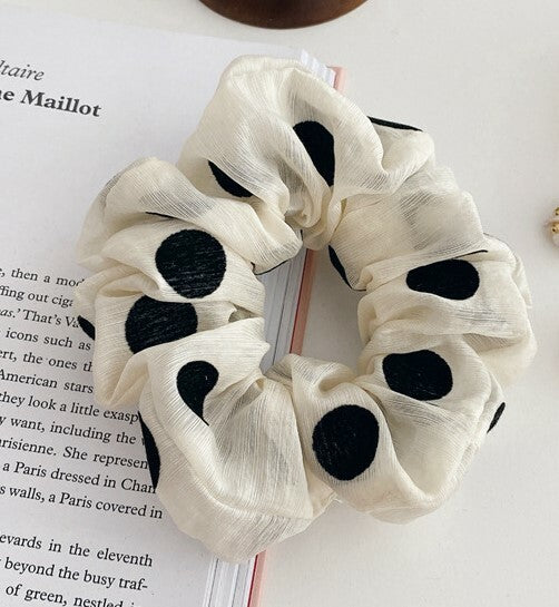 Black velvet dotted ivory organza scrunchies