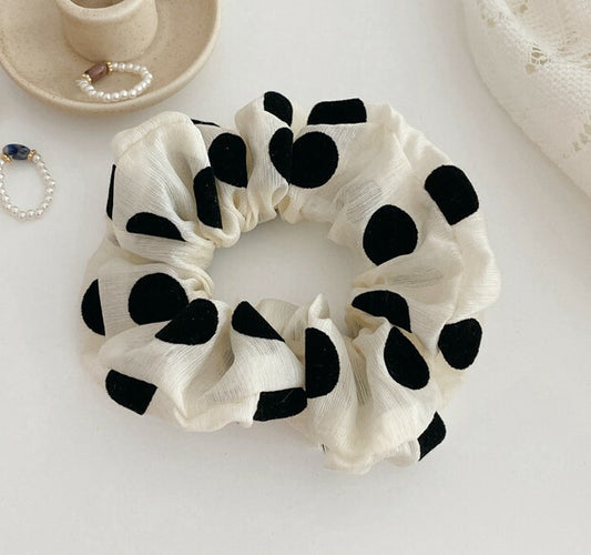 Black velvet dotted ivory organza scrunchies