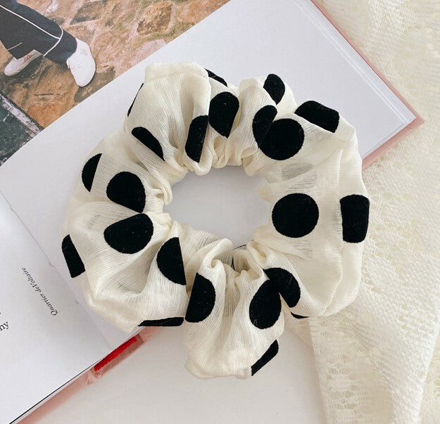 Black velvet dotted ivory organza scrunchies