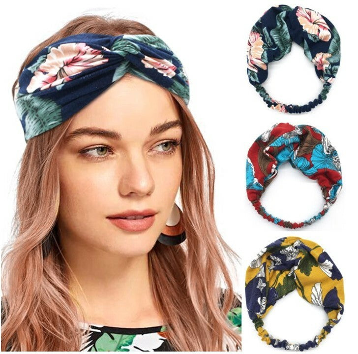 Printed twist front cotton elastic headband