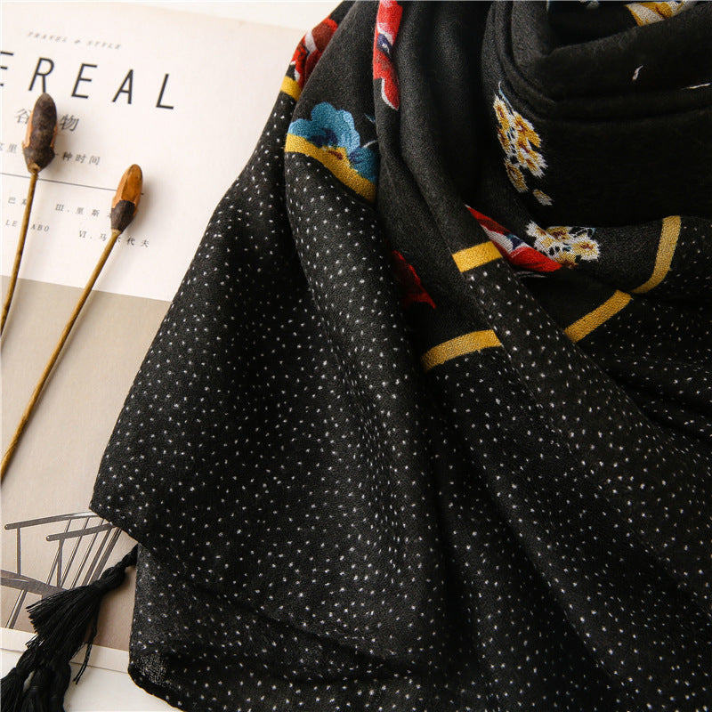 Black long scarf with tassels in multicolour flowers print