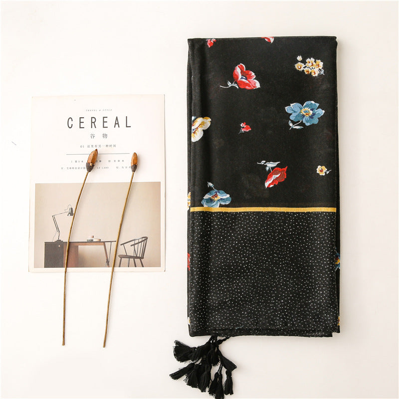Black long scarf with tassels in multicolour flowers print