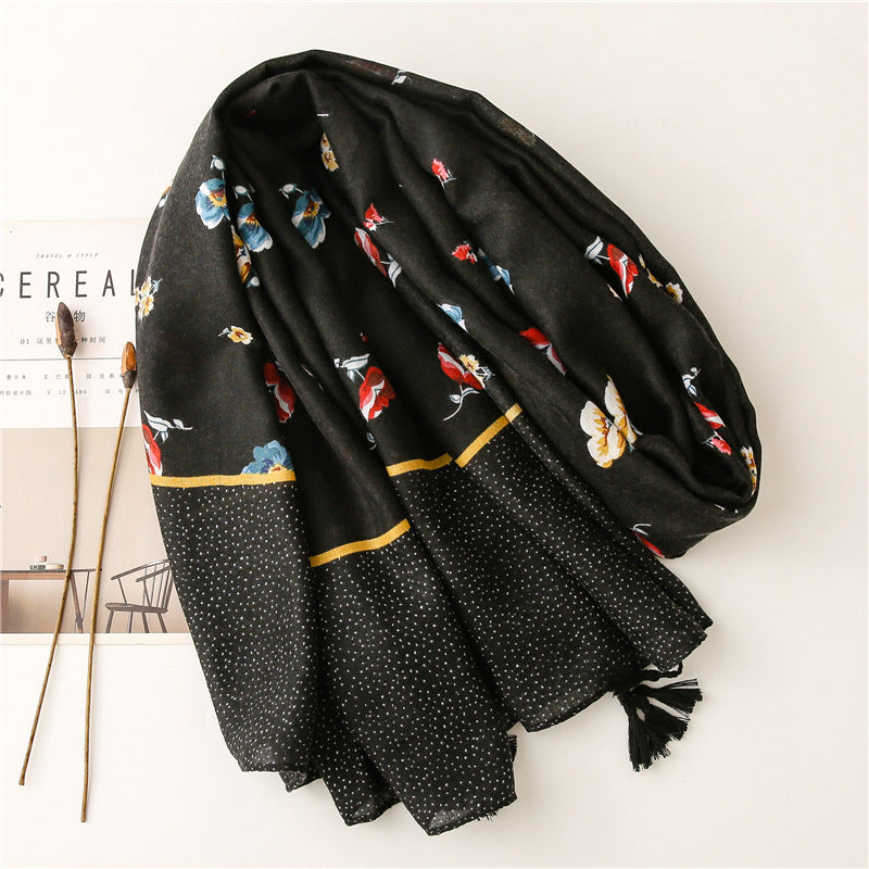 Black long scarf with tassels in multicolour flowers print