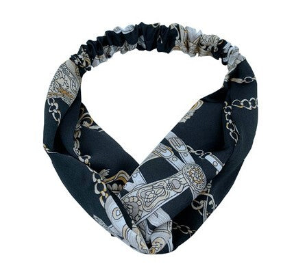 Chains patterned black chiffon elastic headband