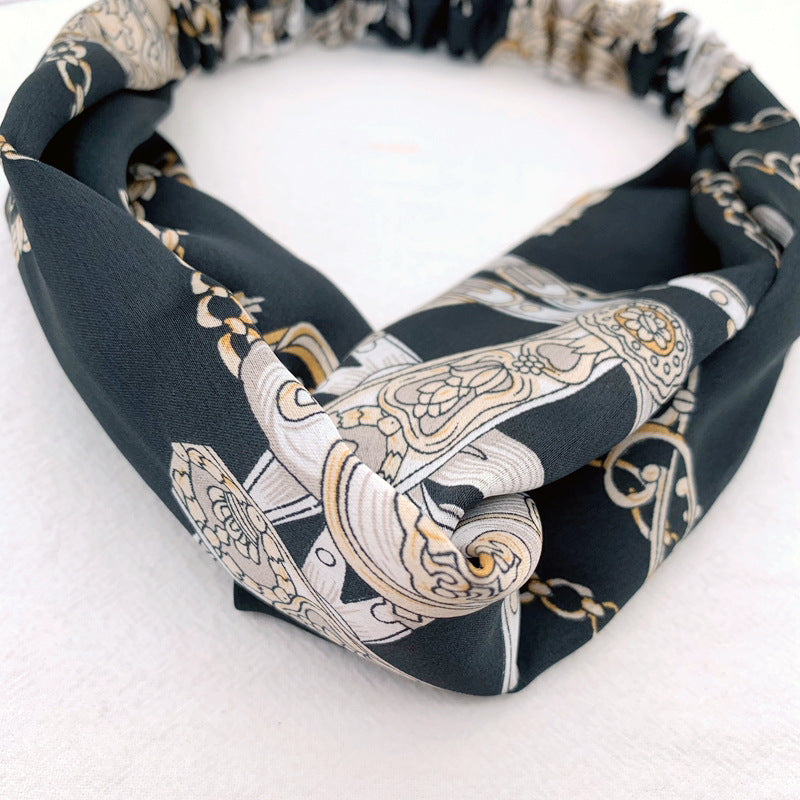 Chains patterned black chiffon elastic headband