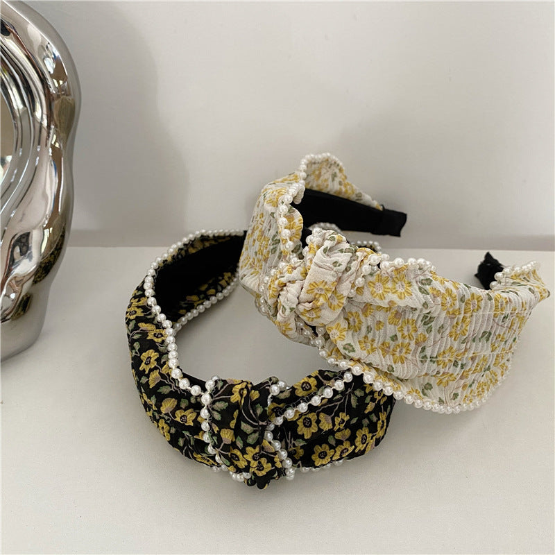 Chiffon floral knotted headband with white pearls edge