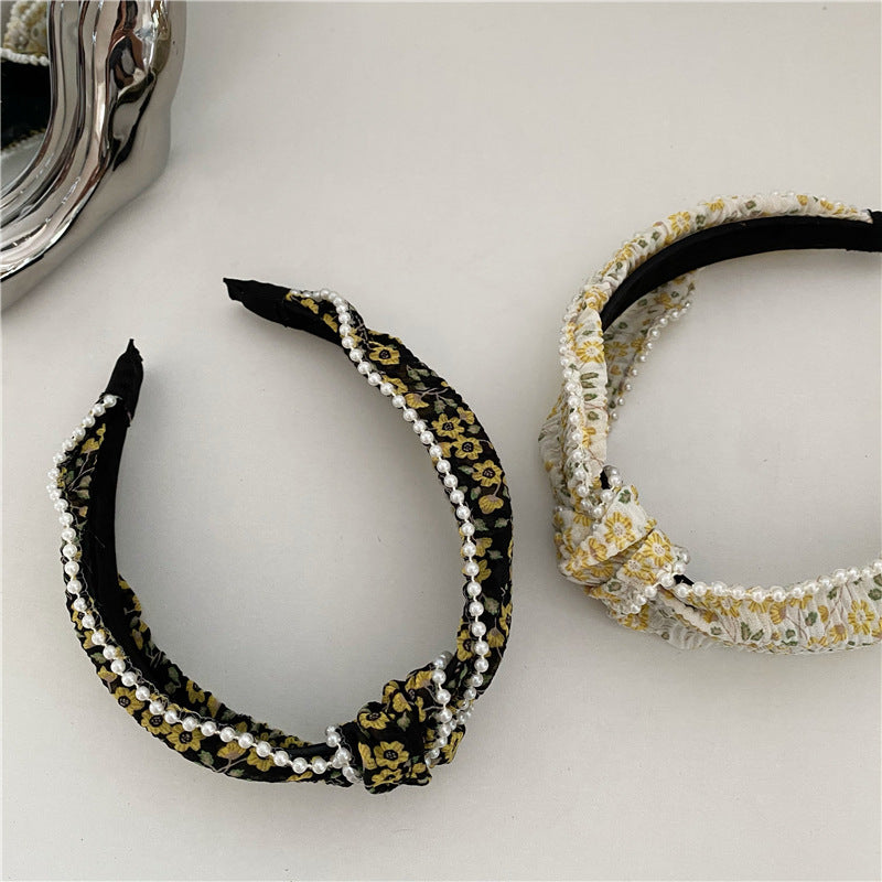 Chiffon floral knotted headband with white pearls edge