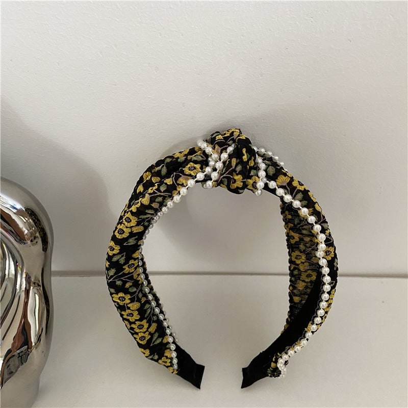 Chiffon floral knotted headband with white pearls edge