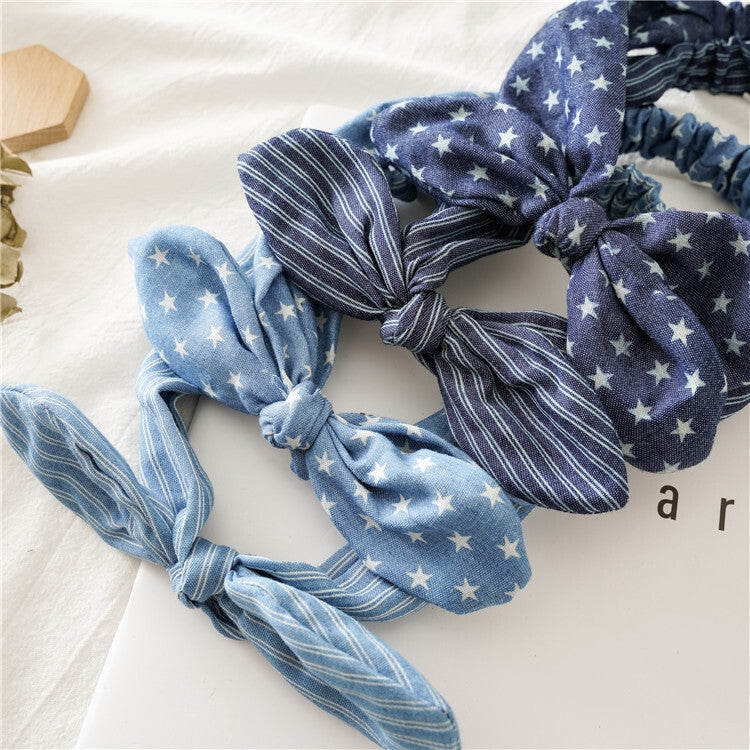 Patterned denim elastic headband with bow