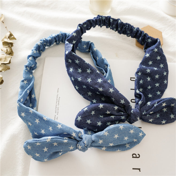 Patterned denim elastic headband with bow