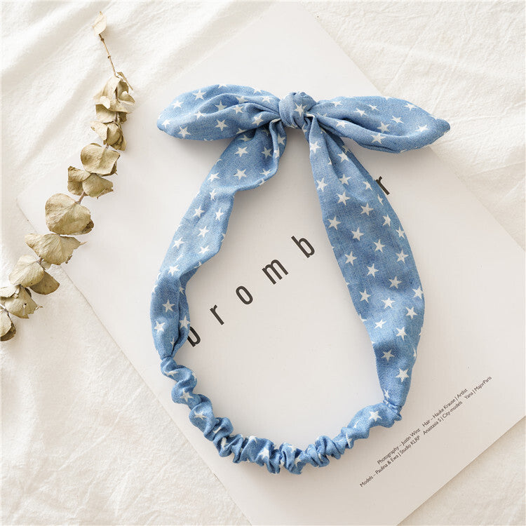Patterned denim elastic headband with bow