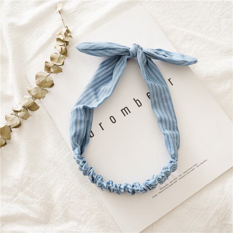 Patterned denim elastic headband with bow