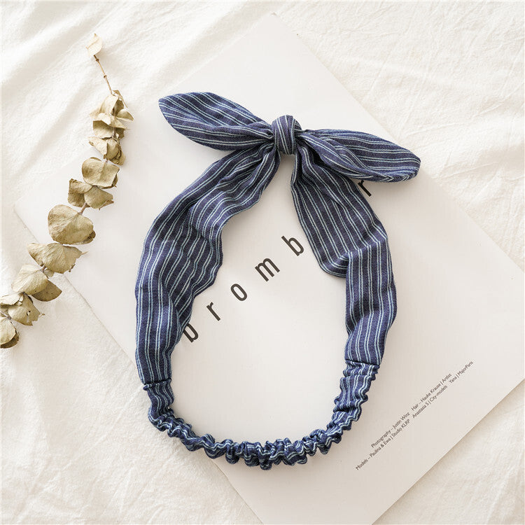 Patterned denim elastic headband with bow