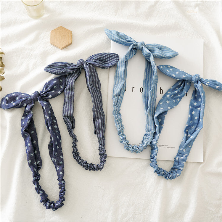 Patterned denim elastic headband with bow